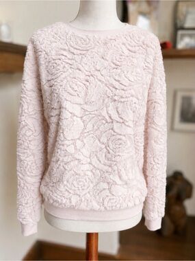Blush Pink Faux Fur Rose Textured Sweater | Soft Plush Crew Neck | Size Small